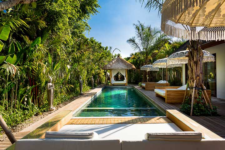 Our stunning Seminyak sanctuary retreat with sparkling pool and day beds to relax and unwind