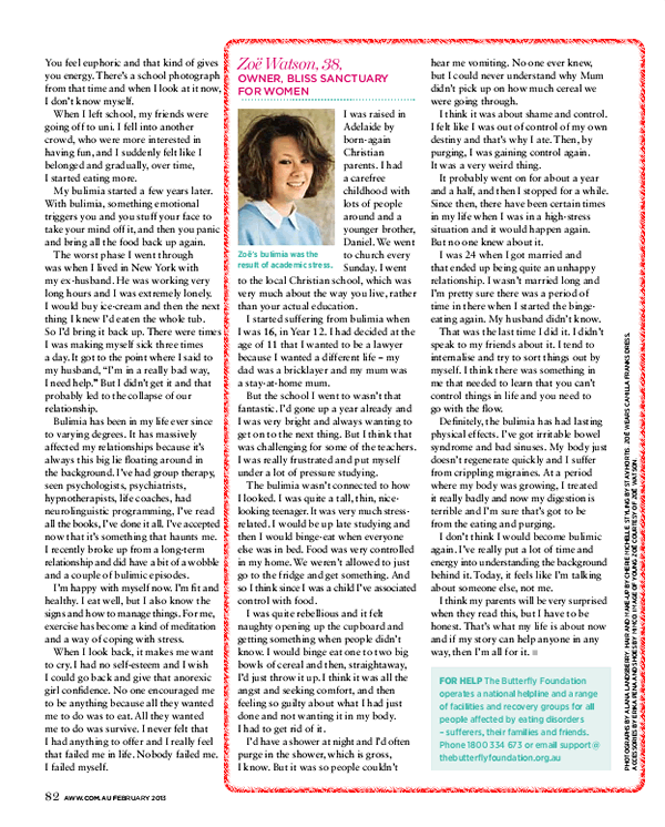 Australian Women's Weekly Magazine: 'My secret eating disorder' featuring Zoë Watson, founder of Bliss Sanctuary For Women