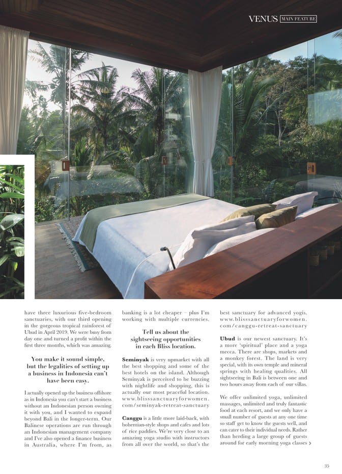 Venus Magazine - She Sells Sanctuary Article page 4 - Zoe Watson discusses opening Ubud retreat and running Bali retreats