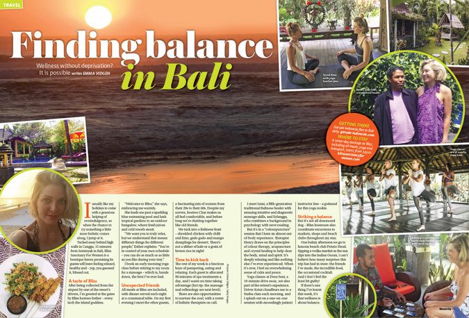 magazine clipping - Bali beach at sunset, inset with smaller images of Bali retreat activities