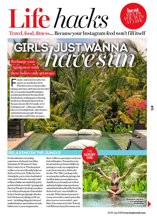 Bliss Bali retreat featured in Heat Magazine 'Girls just want to have sun'
