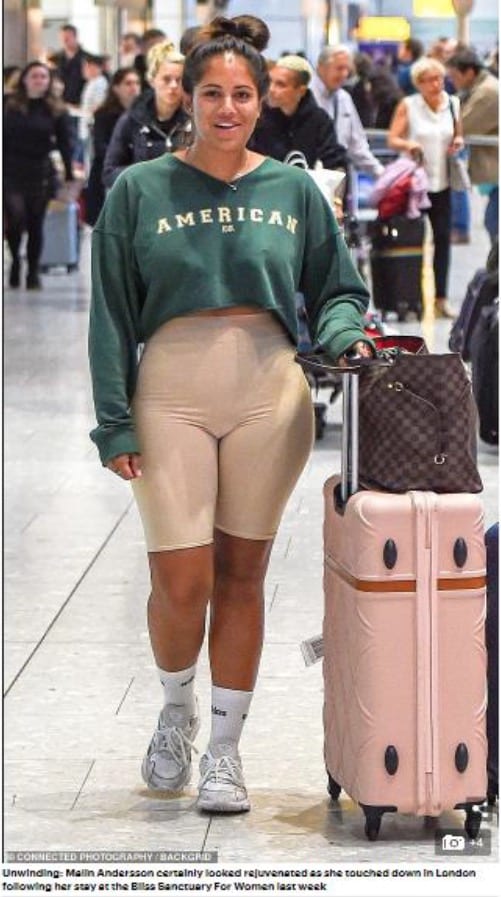 Unwinding: Malin Andersson certainly looked rejuvenated as she touched down in London following her stay at the Bliss Sanctuary For Women last week