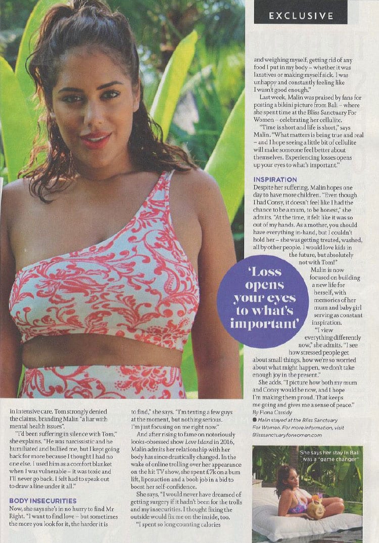 Malin Andersson visits Bliss Bali retreat in Closer Magazine July 2019