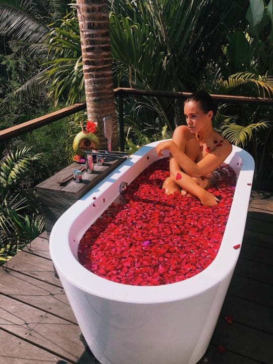 vicky pattison relaxing in luxury flower bath at bliss bali retreat