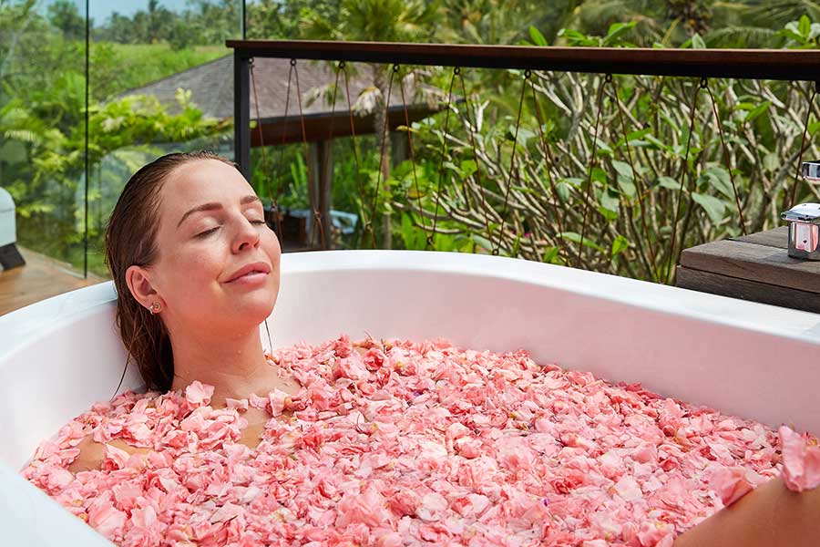 TOWIE Lydia Bright, relaxing in flower wellness bath at Bliss Sanctuary for Women