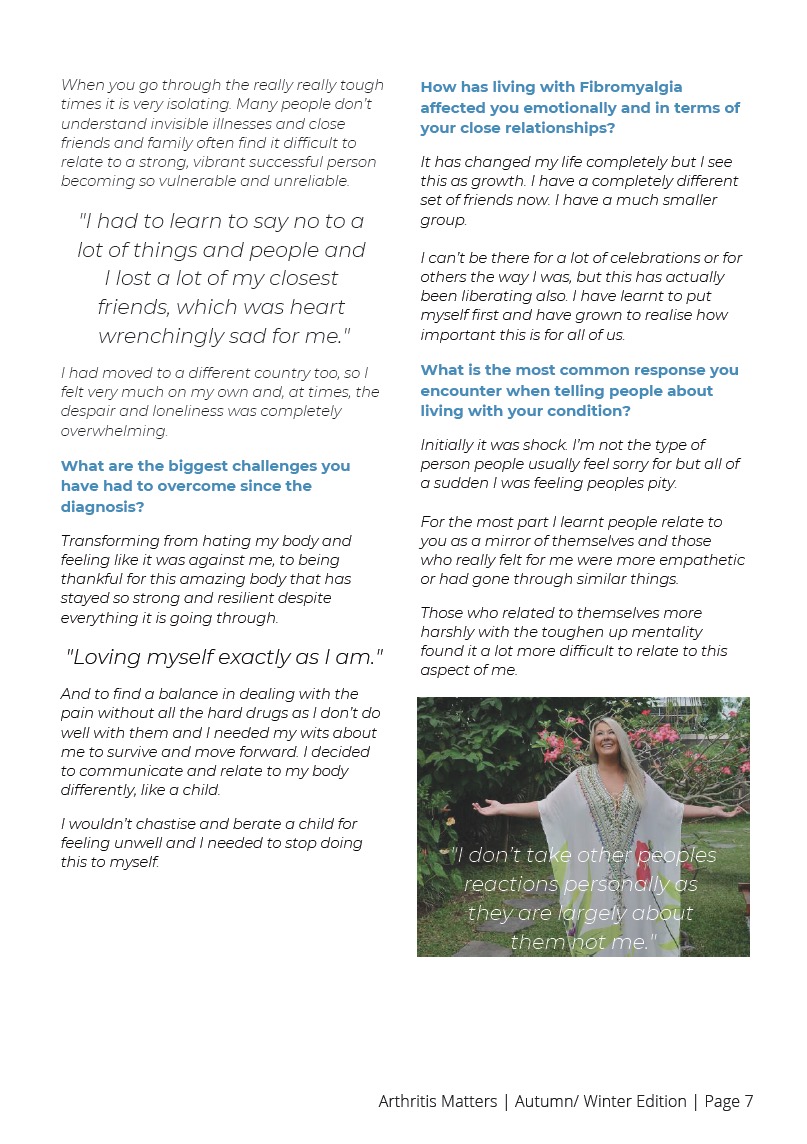 Zoe Watson fibromyalgia interview Arthritis Matters magazine