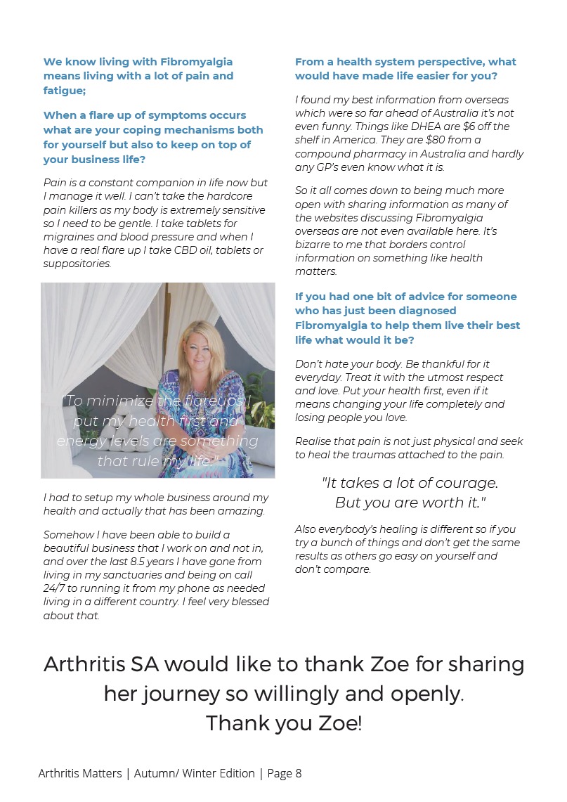 Zoe Watson fibromyalgia interview Arthritis Matters magazine