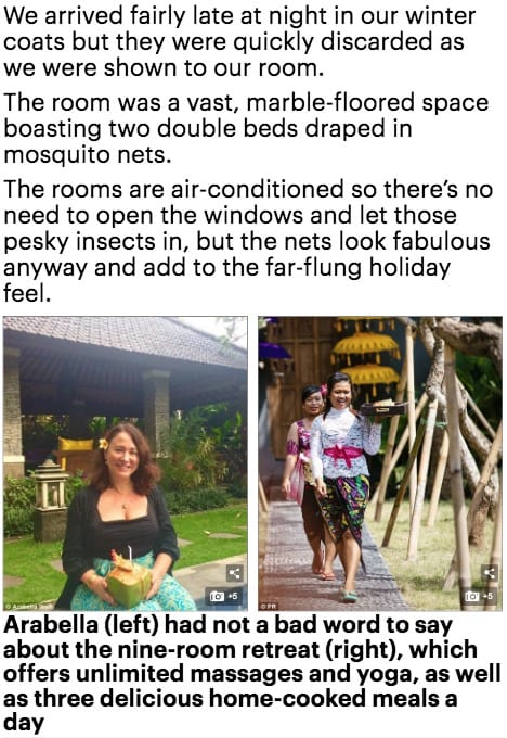 Actress Arabella Weir visits Bliss Bali retreat, Daily Mail online