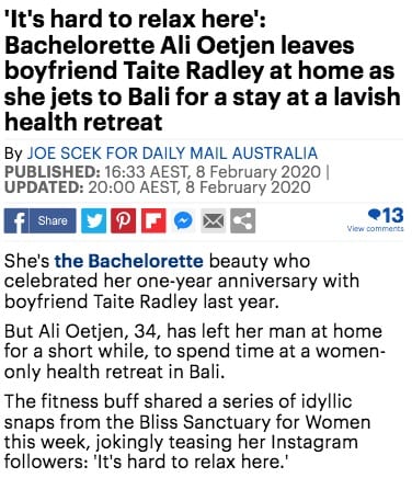 Bachelorette Ali Oetjen at Bliss Bali retreat, Daily Mail Australia